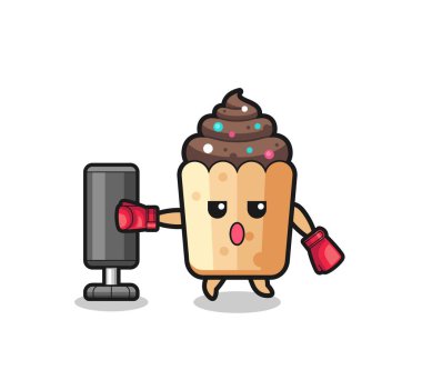 cupcake boxer cartoon doing training with punching bag , cute design