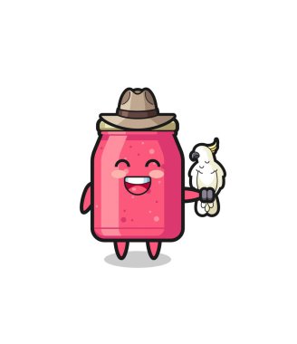 strawberry jam zookeeper mascot with a parrot , cute design