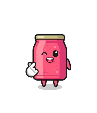 strawberry jam character doing Korean finger heart , cute design