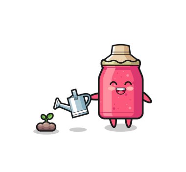 cute strawberry jam is watering plant seeds , cute design
