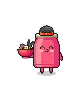 strawberry jam as Chinese chef mascot holding a noodle bowl , cute design