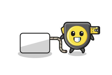 tape measure cartoon is pulling a banner , cute design