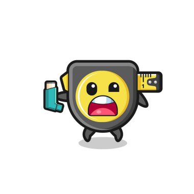 tape measure mascot having asthma while holding the inhaler , cute design