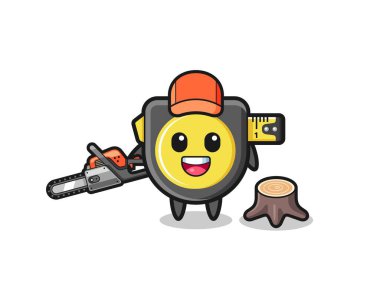 tape measure lumberjack character holding a chainsaw , cute design