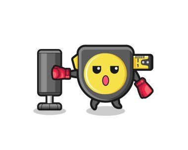 tape measure boxer cartoon doing training with punching bag , cute design