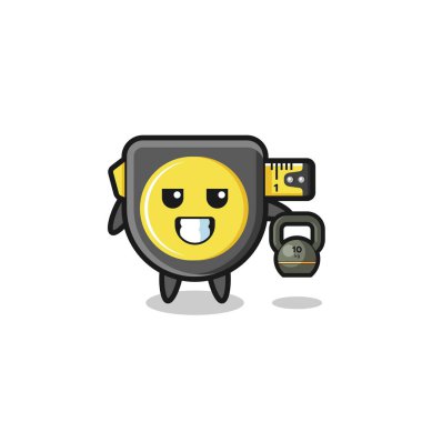 tape measure mascot lifting kettlebell in the gym , cute design