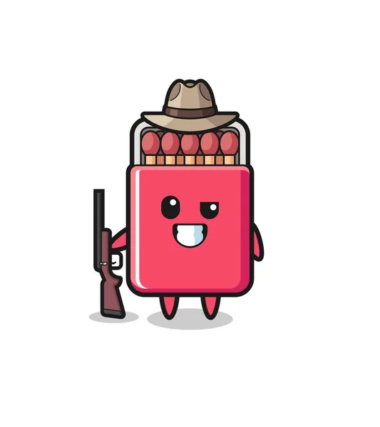 Matches Box Hunter Mascot Holding Gun Cute Design — Archivo Imágenes Vectoriales