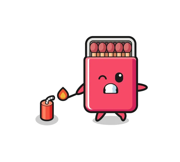 Matches Box Mascot Illustration Playing Firecracker Cute Design — Stock Vector