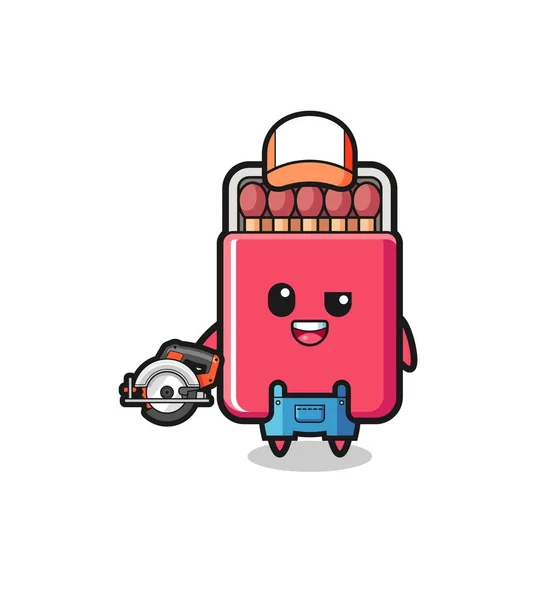 Woodworker Matches Box Mascot Holding Circular Saw Cute Design — Stockový vektor