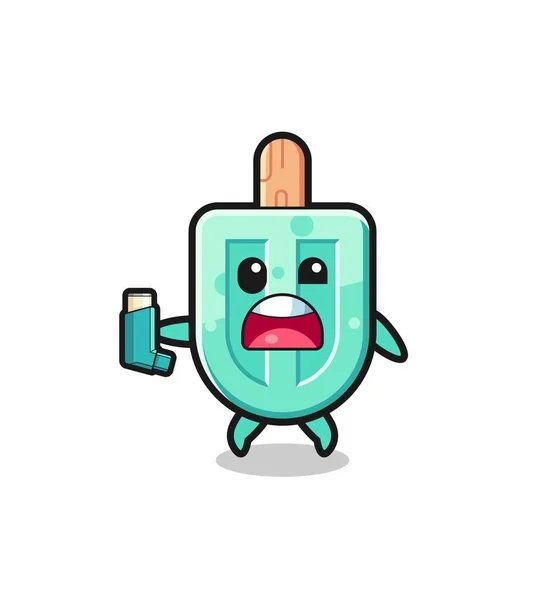 Popsicles Mascot Having Asthma While Holding Inhaler Cute Design — Stockvector