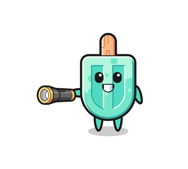 Popsicles Mascot Holding Flashlight Cute Design — Stock Vector