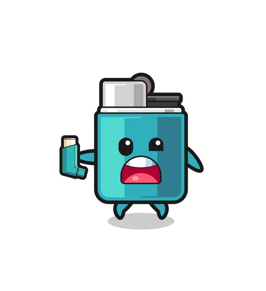 Lighter Mascot Having Asthma While Holding Inhaler Cute Design — стоковый вектор