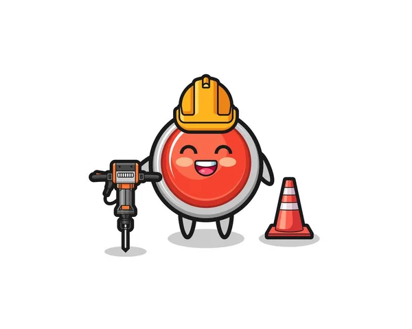 Road Worker Mascot Emergency Panic Button Holding Drill Machine Cute — Vector de stock