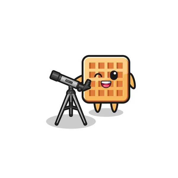 华夫天文吉祥物与现代望远镜 可爱的设计 — 图库矢量图片