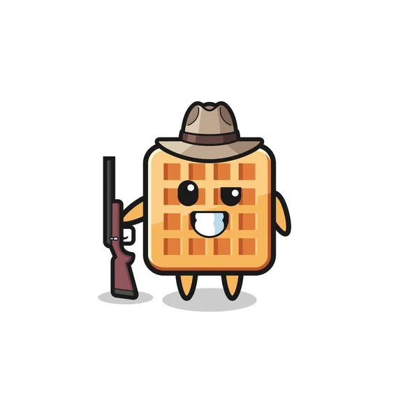 Waffle Hunter Mascot Holding Gun Cute Design — Stock Vector