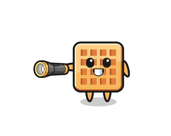 Waffle Mascot Holding Flashlight Cute Design — Stok Vektör