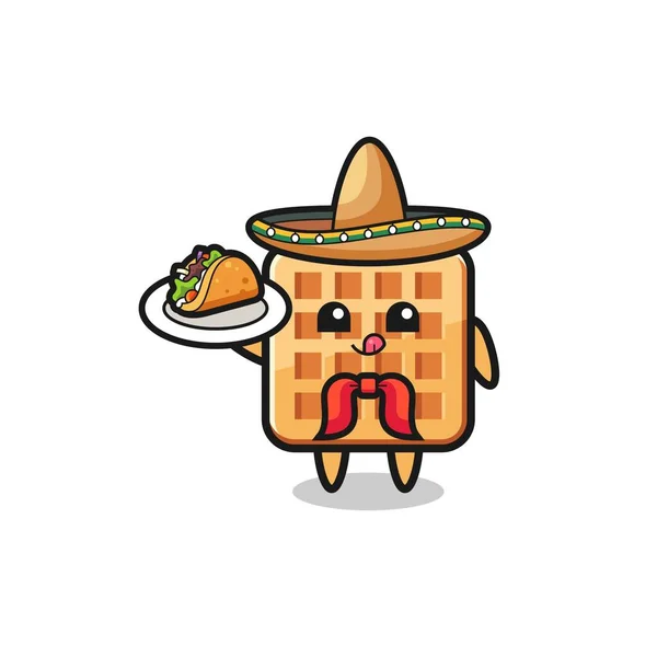 Waffle Mexican Chef Mascot Holding Taco Cute Design — Stock vektor