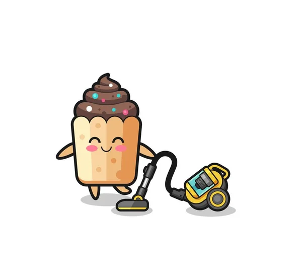 Cute Cupcake Holding Vacuum Cleaner Illustration Cute Design — Stockvektor