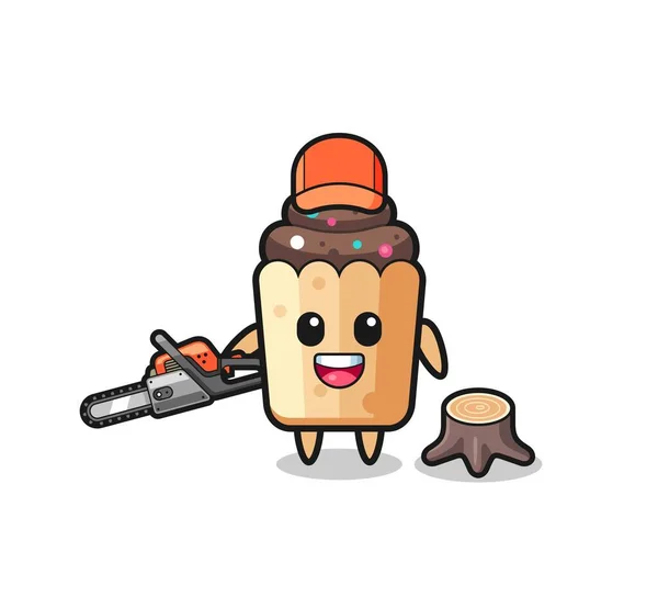 Cupcake Lumberjack Character Holding Chainsaw Cute Design — Stockový vektor