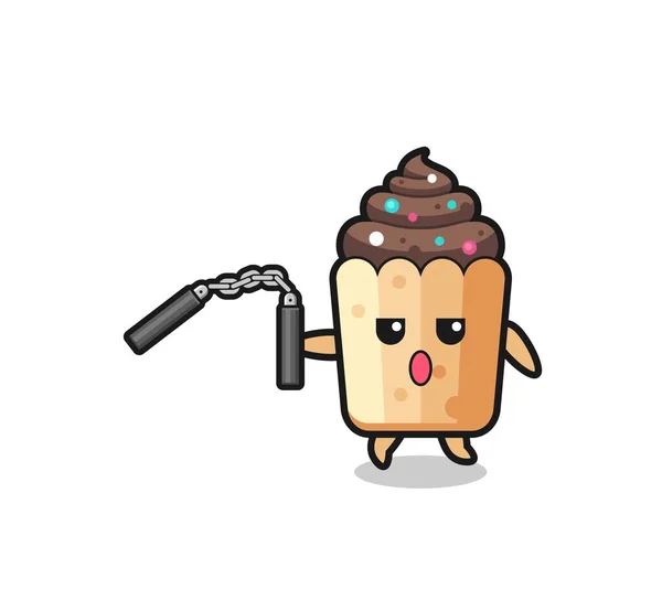 Cartoon Cupcake Using Nunchaku Cute Design — Image vectorielle