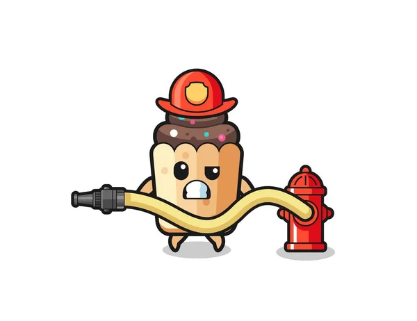 Cupcake Cartoon Firefighter Mascot Water Hose Cute Design —  Vetores de Stock