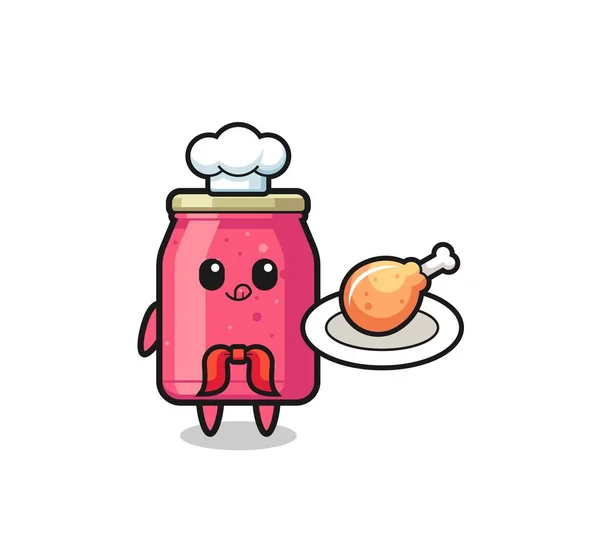 Strawberry Jam Fried Chicken Chef Cartoon Character Cute Design — Vector de stock