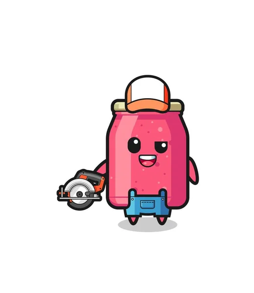 Woodworker Strawberry Jam Mascot Holding Circular Saw Cute Design — Stockvector