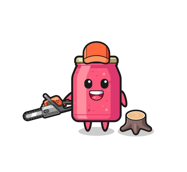 Strawberry Jam Lumberjack Character Holding Chainsaw Cute Design — Stock vektor