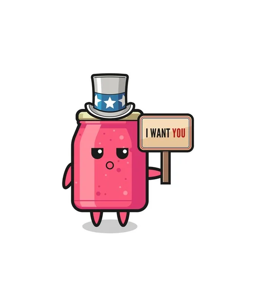 Strawberry Jam Cartoon Uncle Sam Holding Banner Want You Cute — Wektor stockowy