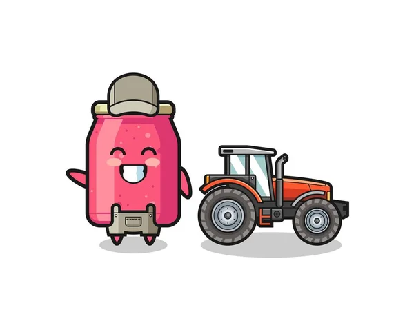 Strawberry Jam Farmer Mascot Standing Tractor Cute Design — ストックベクタ