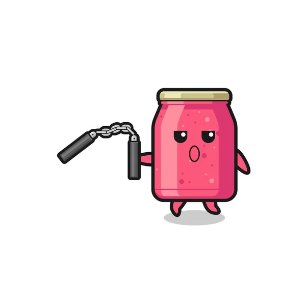 Cartoon Strawberry Jam Using Nunchaku Cute Design — Wektor stockowy