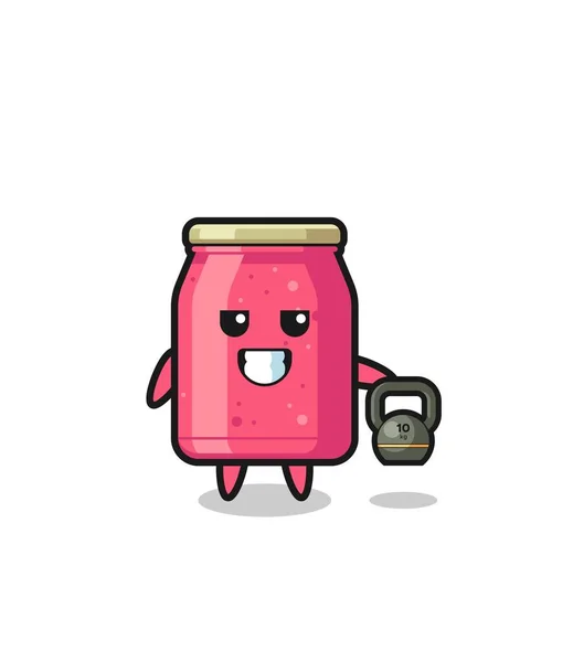Strawberry Jam Mascot Lifting Kettlebell Gym Cute Design — Archivo Imágenes Vectoriales