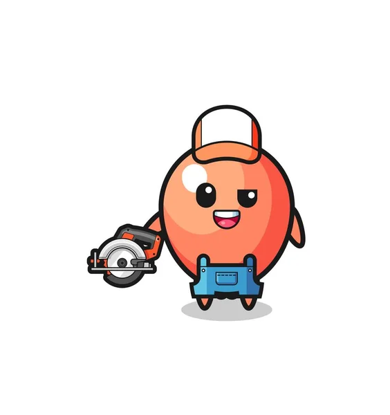 Woodworker Balloon Mascot Holding Circular Saw Cute Design — 스톡 벡터