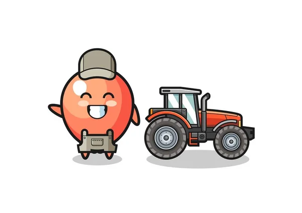 Balloon Farmer Mascot Standing Tractor Cute Design — Vetor de Stock