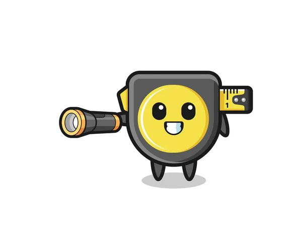 Tape Measure Mascot Holding Flashlight Cute Design — стоковый вектор
