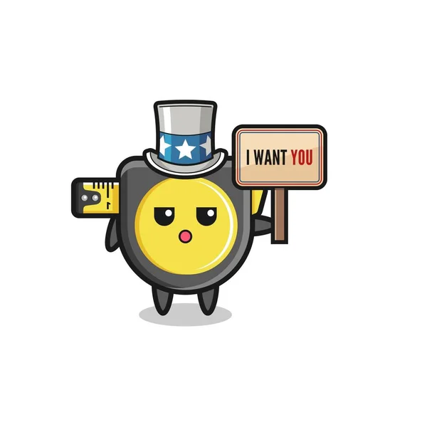 Tape Measure Cartoon Uncle Sam Holding Banner Want You Cute — 스톡 벡터