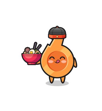 whistle as Chinese chef mascot holding a noodle bowl , cute design