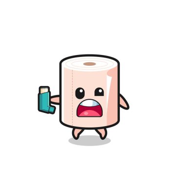 tissue roll mascot having asthma while holding the inhaler , cute design