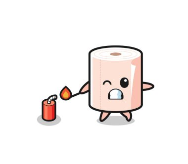 tissue roll mascot illustration playing firecracker , cute design