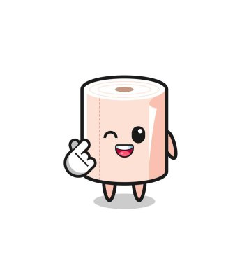 tissue roll character doing Korean finger heart , cute design