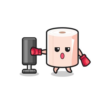 tissue roll boxer cartoon doing training with punching bag , cute design