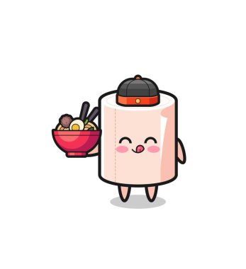 tissue roll as Chinese chef mascot holding a noodle bowl , cute design