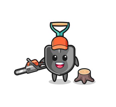 shovel lumberjack character holding a chainsaw , cute design