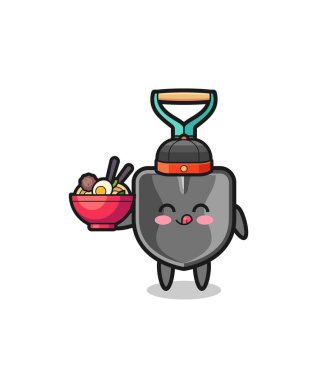 shovel as Chinese chef mascot holding a noodle bowl , cute design