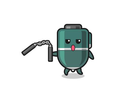 cartoon of ballpoint pen using nunchaku , cute design