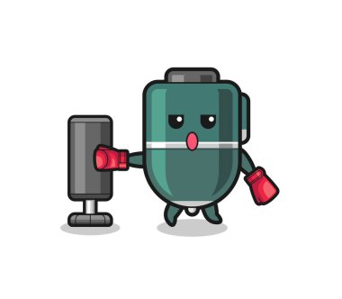 ballpoint pen boxer cartoon doing training with punching bag , cute design