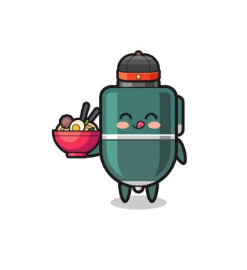 ballpoint pen as Chinese chef mascot holding a noodle bowl , cute design