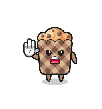 muffin character doing stop gesture , cute design