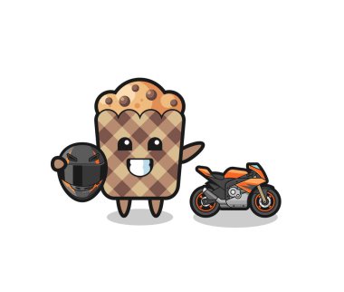cute muffin cartoon as a motorcycle racer , cute design