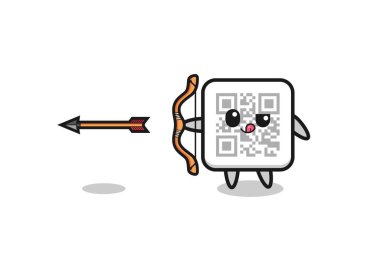 illustration of qr code character doing archery , cute design